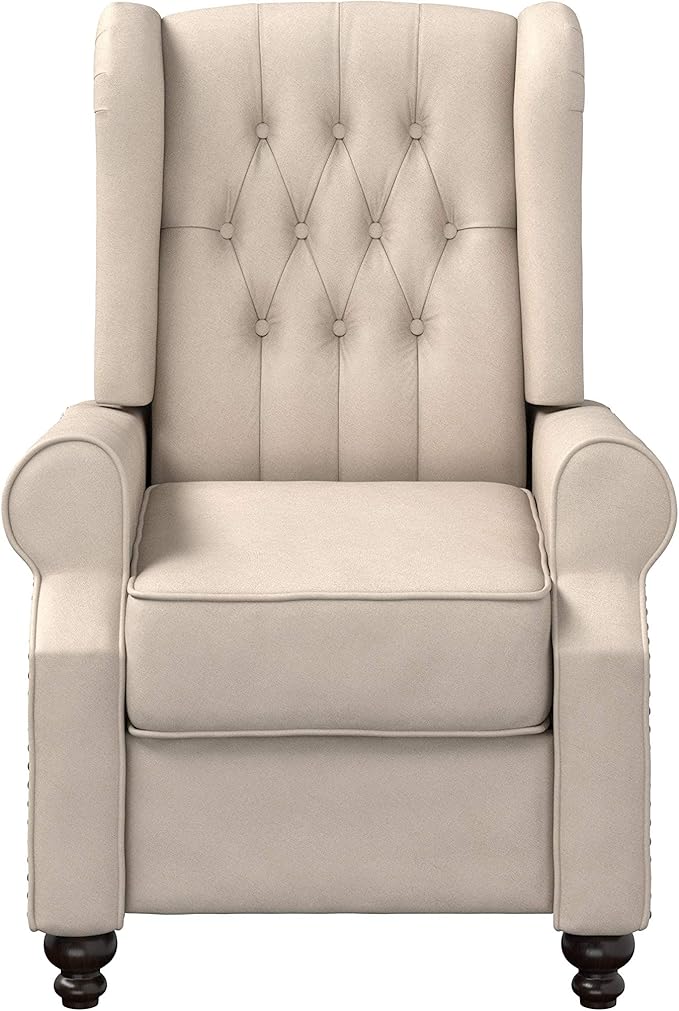Modern Furniture Tufted Back Linen Fabric Adjustable Armchair, Mid-Century Recliner for Transitional Living Room with Nailhead Trim, Beige